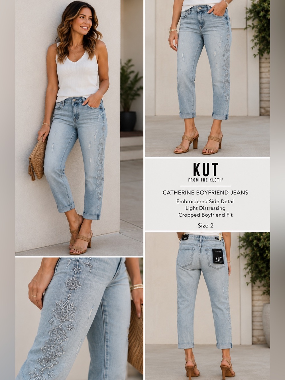 KUT From The Kloth Catherine Boyfriend Jeans Embroidered Distressed Crop NWT